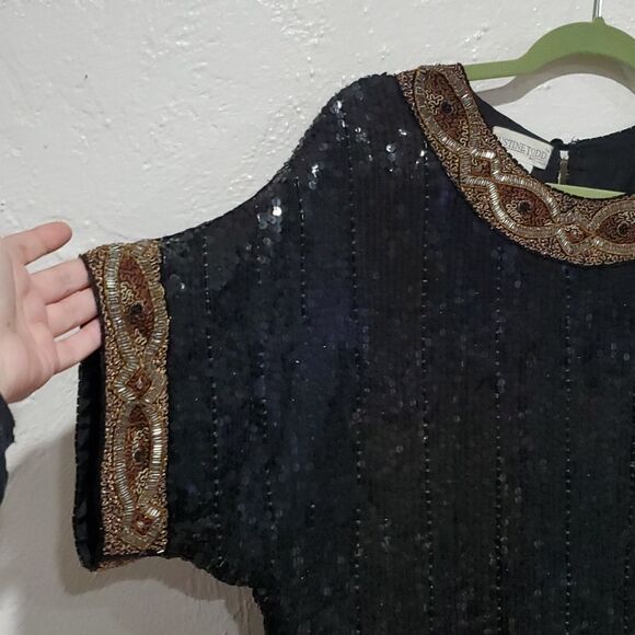 Vintage Sequin & Embroidered Silk Top with Dolman Sleeves by Justine Todd Size M - Picture 7 of 13